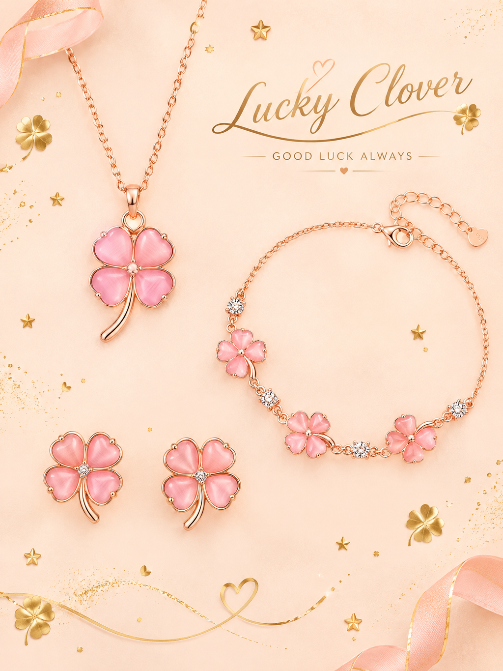 Pink Four-Leaf Clover Jewelry Set