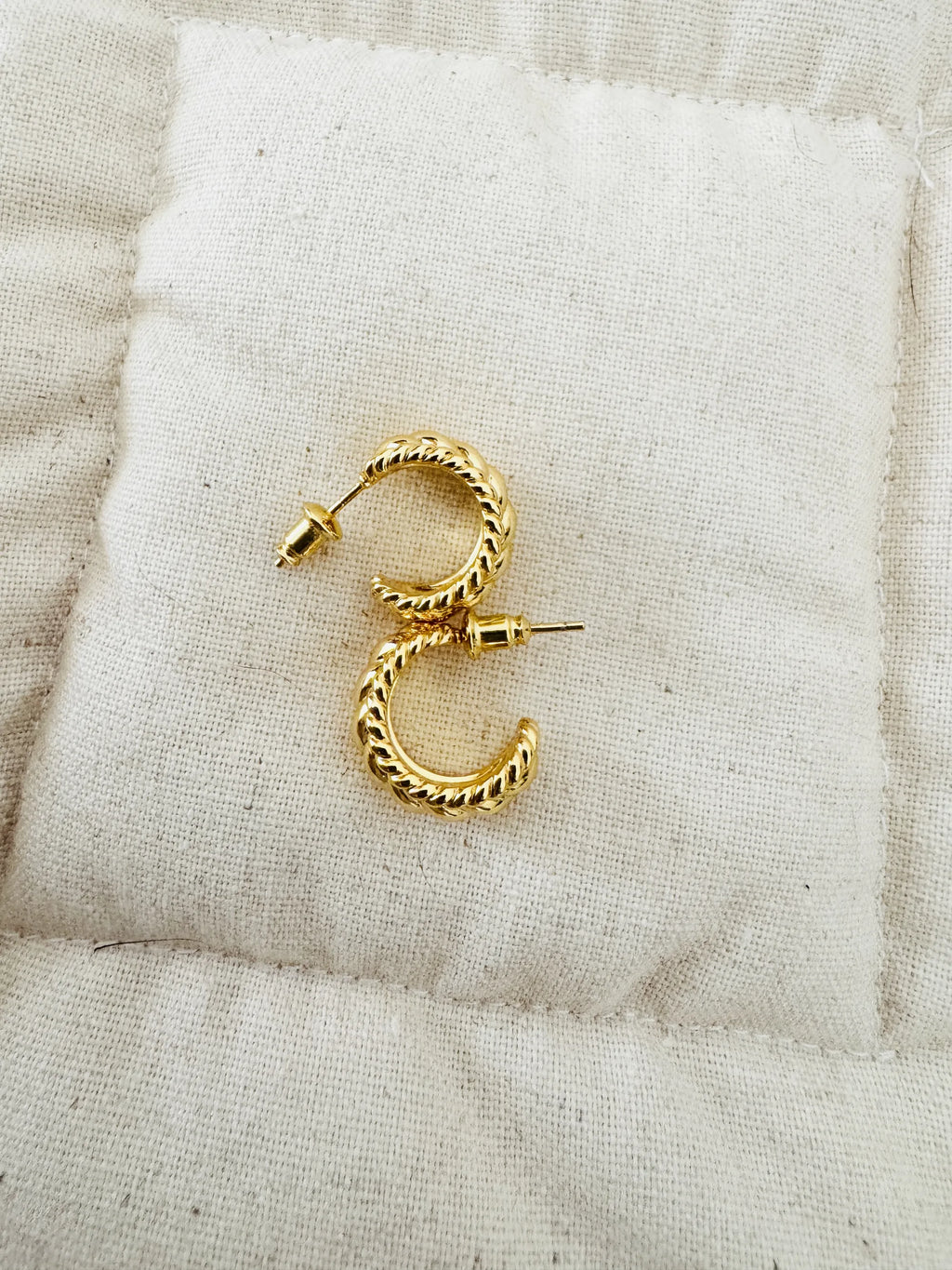 18K Gold Plated Hoop Earrings - Classic Small Hoop Design with Woven Texture.