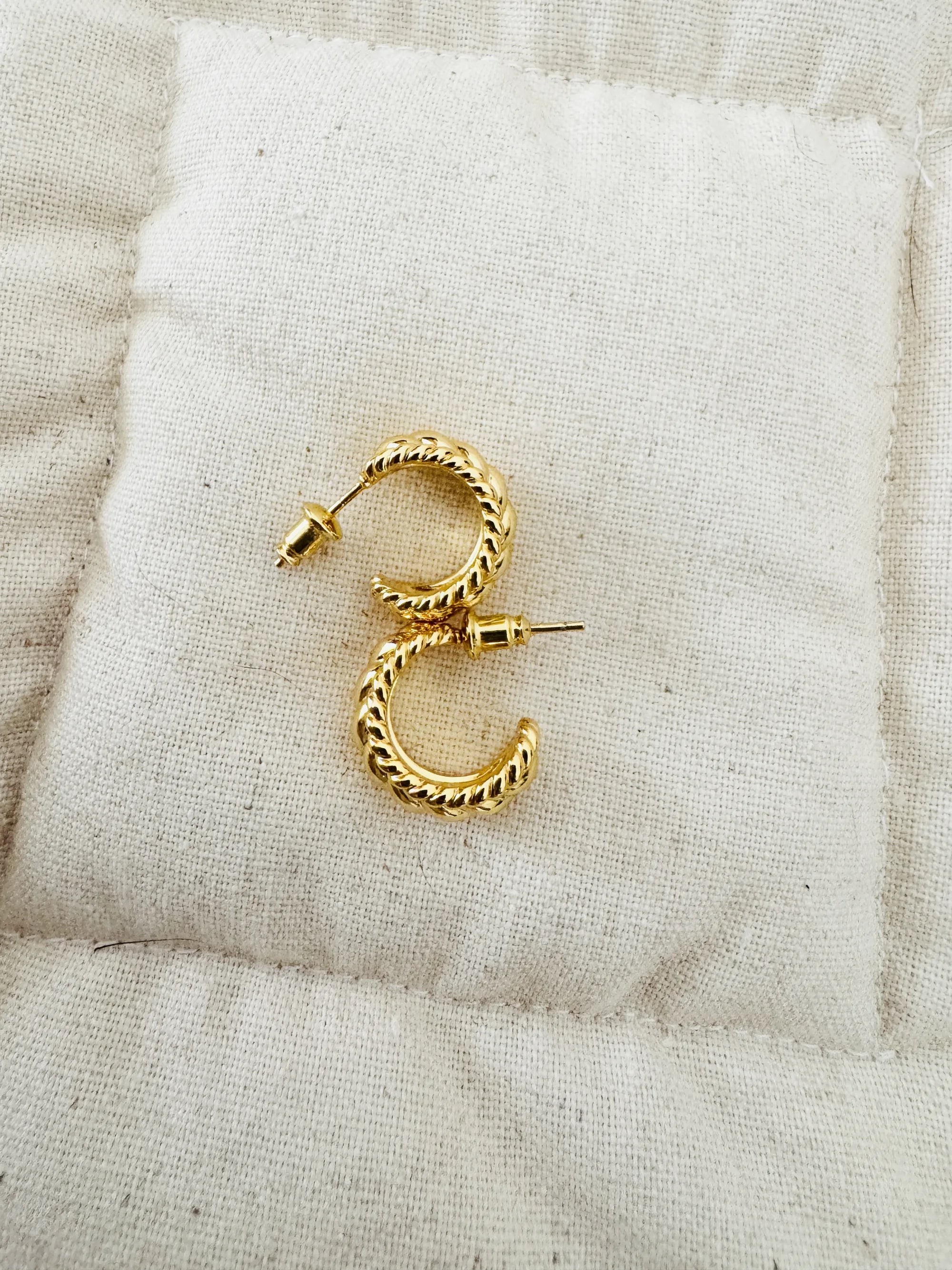 18K Gold Plated Hoop Earrings - Classic Small Hoop Design with Woven Texture.