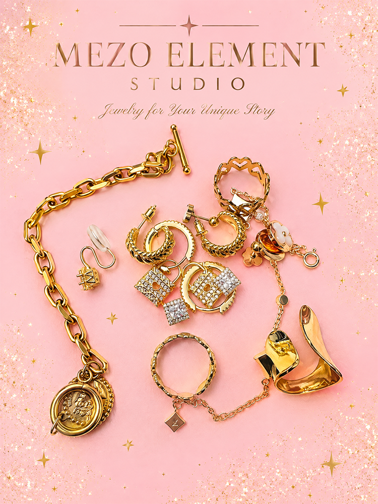 80s-Inspired Gold-Tone Mystery Jewelry Box - 3 Pairs of Earrings, 3 Rings, 2 Bracelets & 1 Necklace