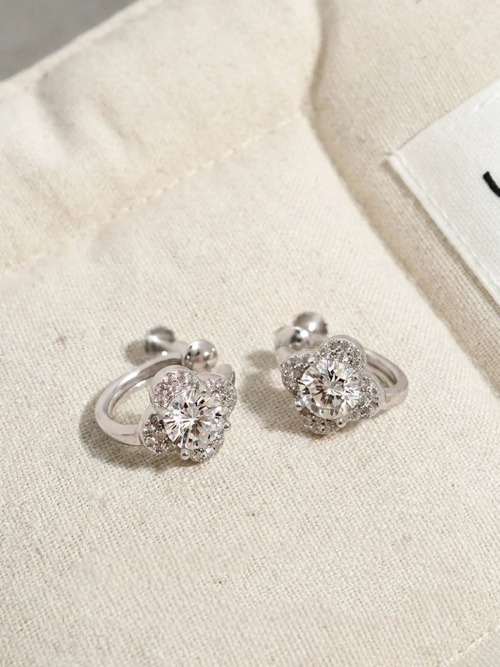 S925 Silver Lab-Grown Diamond Flower Clip-On Earrings
