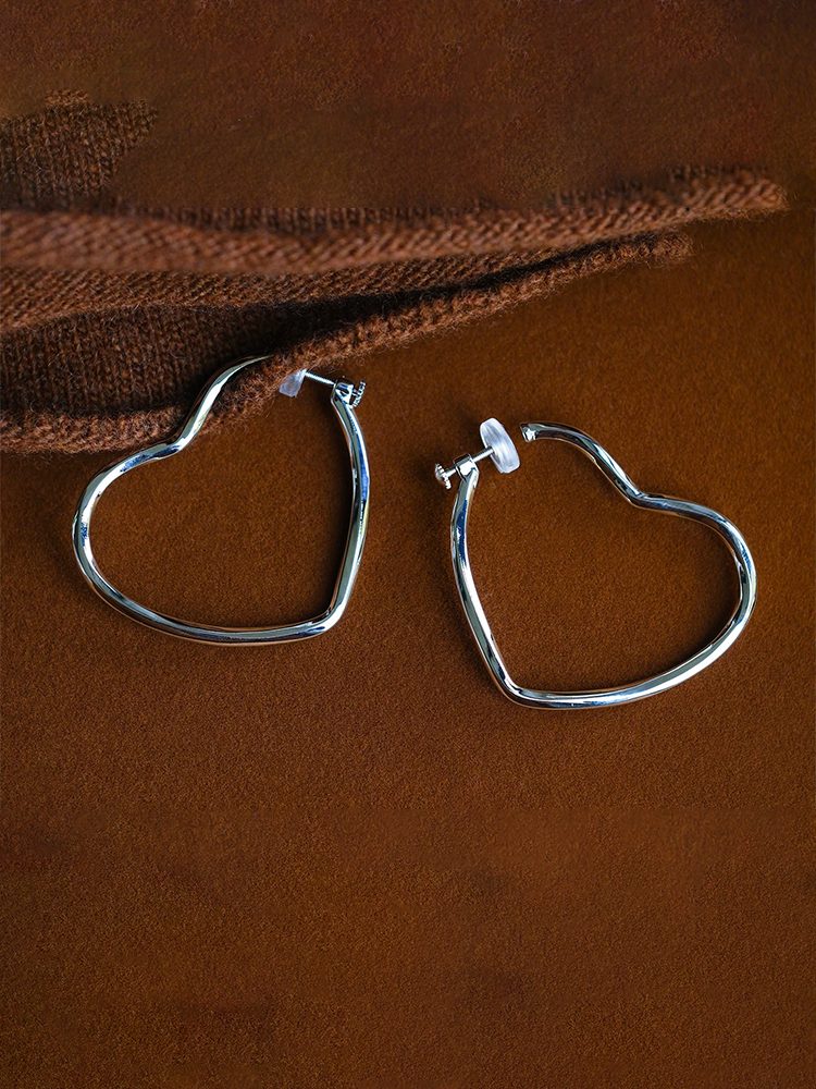 Women Large Comfortable Silver Heart Hoop Clip-On Earrings