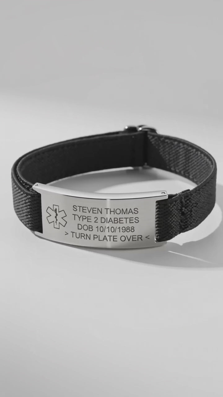 Custom Medical Alert Bracelet for Seniors & Patients – Breathable Woven Emergency ID Band with Engraved Name, Medications & Ice Contact